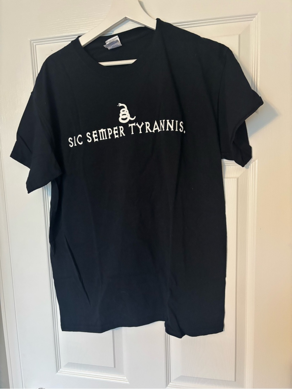 Gildan Black Crewneck T-Shirt with Blue Logo Tag